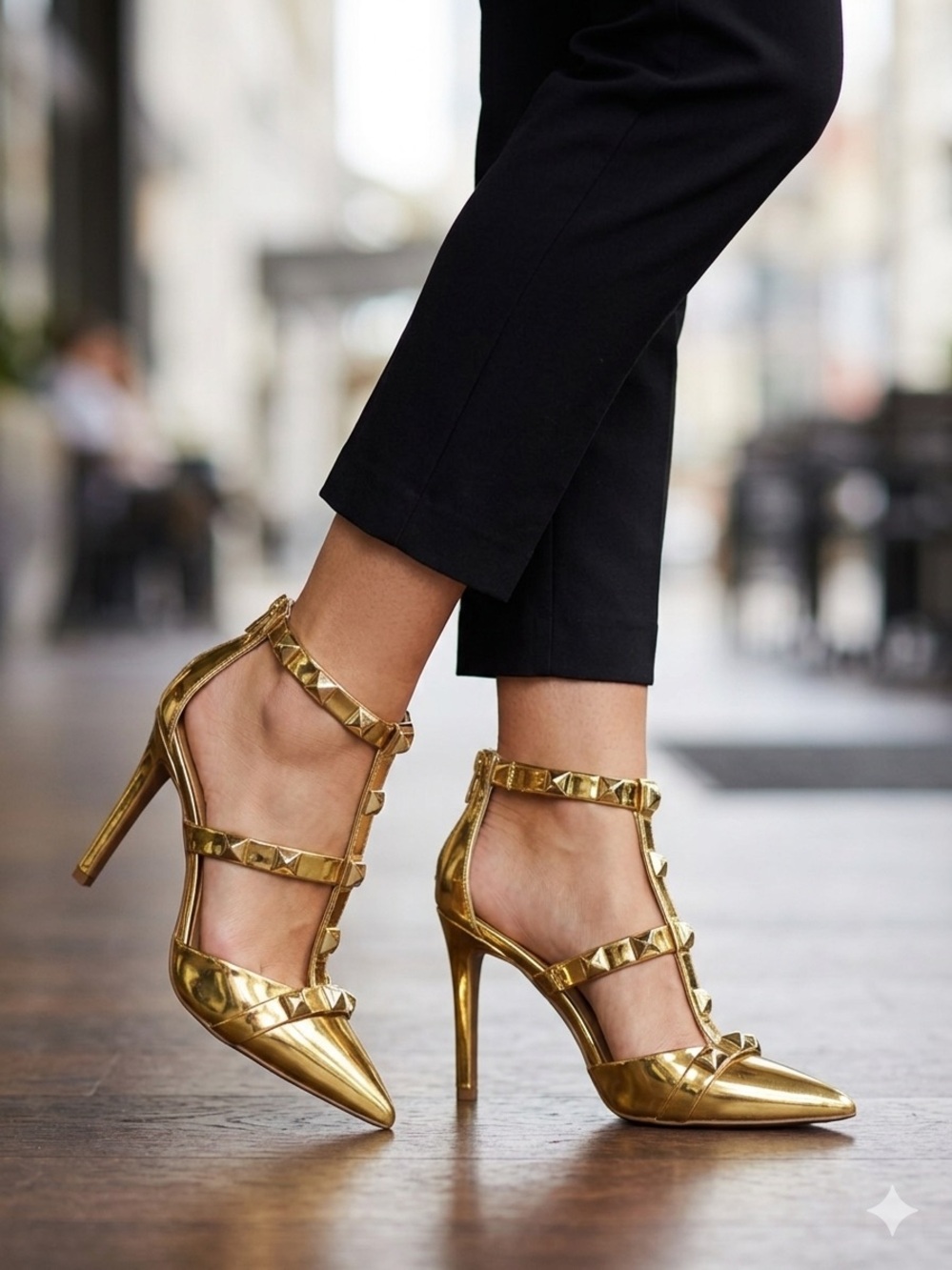INC Syndia Gold Metallic Studded Stiletto Pointed Toe Strappy High Heeled Sandal